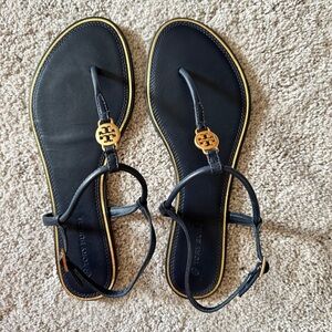 Tory Burch Navy Leather Sandals with Gold Medallion